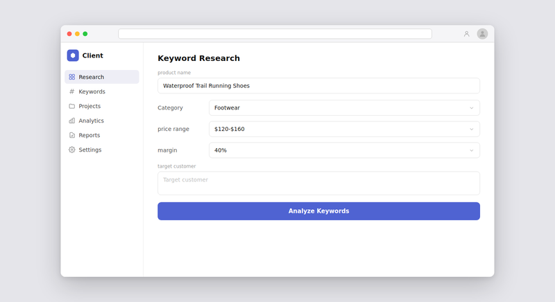 Keyword Assistant product input form showing fields for product name, category, price range, and target customer